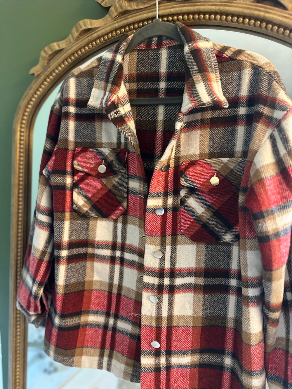 Plaid Button-Front Shacket Jacket - Red Multi - Picture 3 of 3